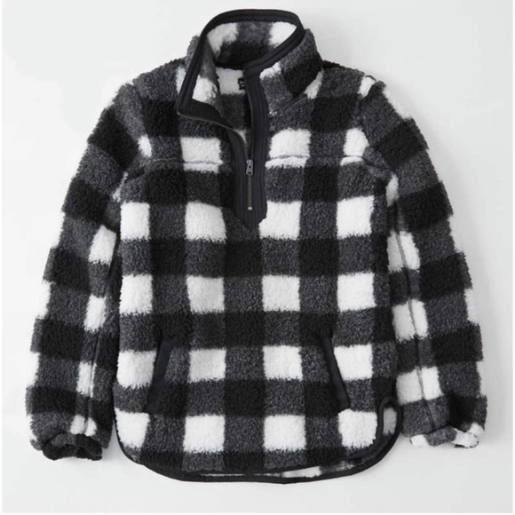 Abercrombie & Fitch The Essential A&F Sherpa Fleece Black White Buffalo Plaid S - Picture 1 of 16